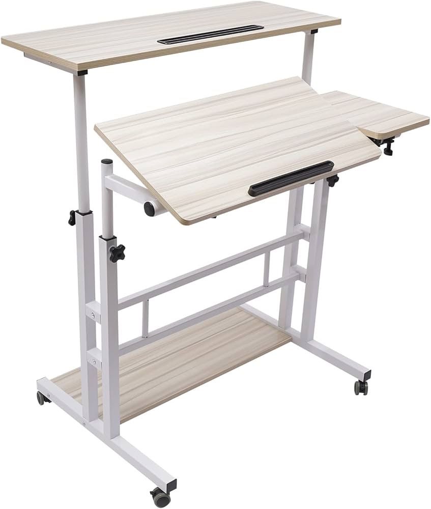 4 in 1 Mobile Adjustable Laptop Desk,MDF Standing Desk with 4 Lockable Universal Wheels,Desk Organizer with Bottom Pedals,for Bedrooms,Studies,Living