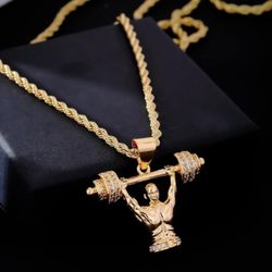 Gold-plated Fashion Design Weightlifting Cubic Zirconia Detail Figure Pendant Necklace