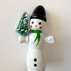 Vintage Wooden Christmas Tree Snowman Ornament 