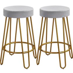 Round Kitchen Counter Stool Home Bar Height Stools with Golden Hairpin Legs Upholstered Velvet Seat for Kitchen/Dining Room Gray, Set of 2 (Package 1)