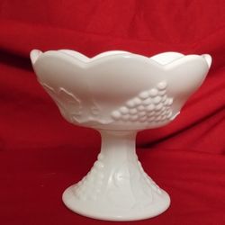Vintage Candlestick Holder White Milk Glass with Grapes and Leaves

