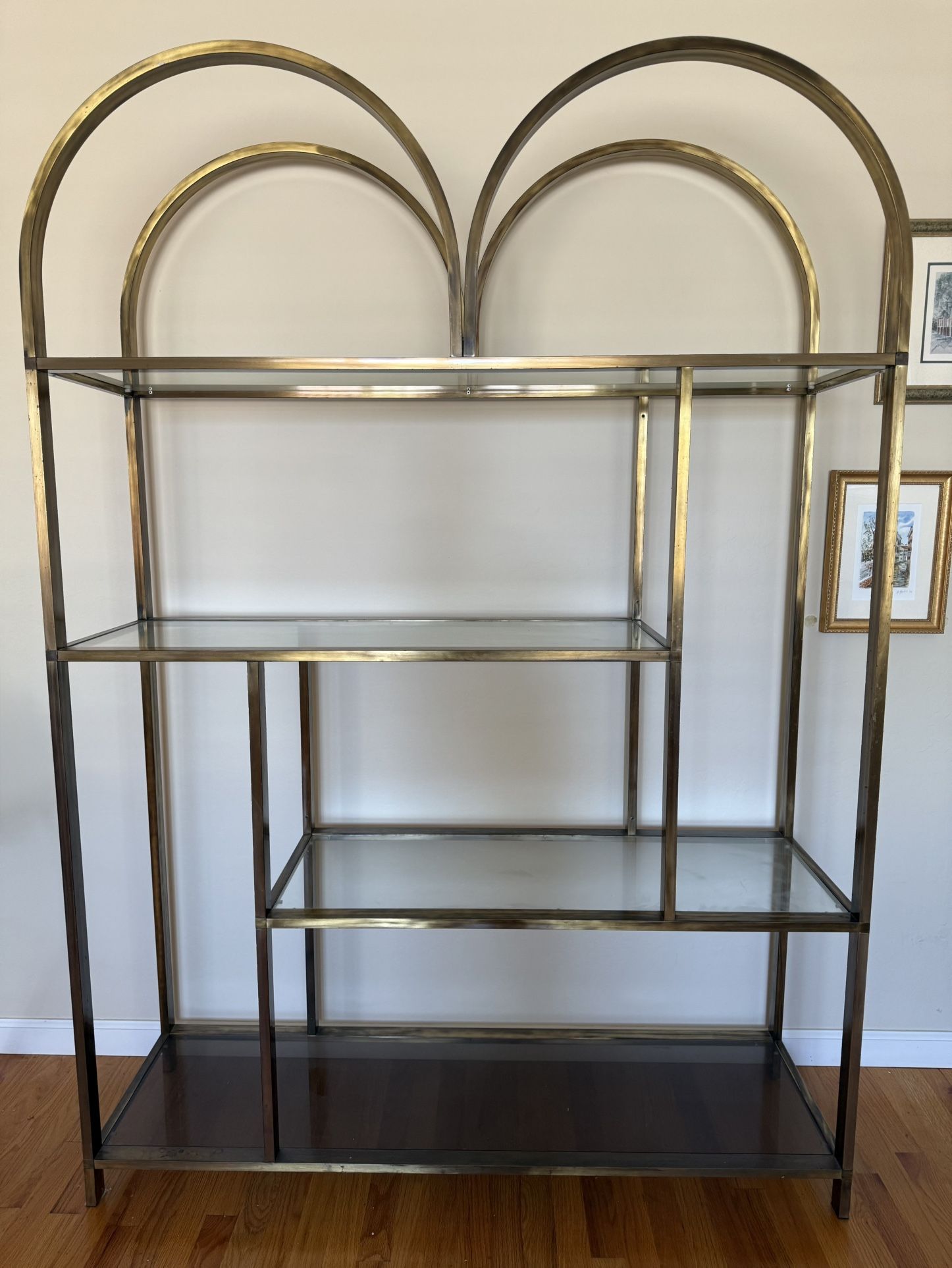 Vintage Mid Century Milo Baughman Style Chrome Glass Display Shelf Shelves Etagere