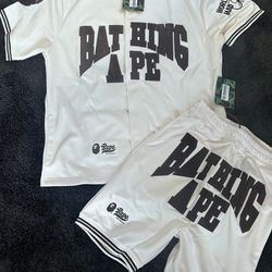 Men’s Medium Bape Baseball Jersey/Short Set (White)