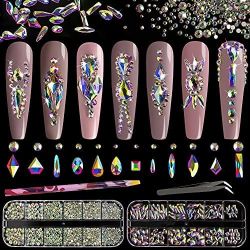Multi Shapes 3D Glass AB Crystal Nail Art Rhinestones Kit with Flatback Round Bead