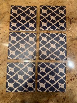 Set of 6 Square Ceramic Cork-Back Coasters Cream & Blue