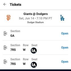2 TICKETS Dodgers VS GIANTS - RESERVE 7 - EXTRA LEG ROOM - SATURDAY - SHADE $80 Each 