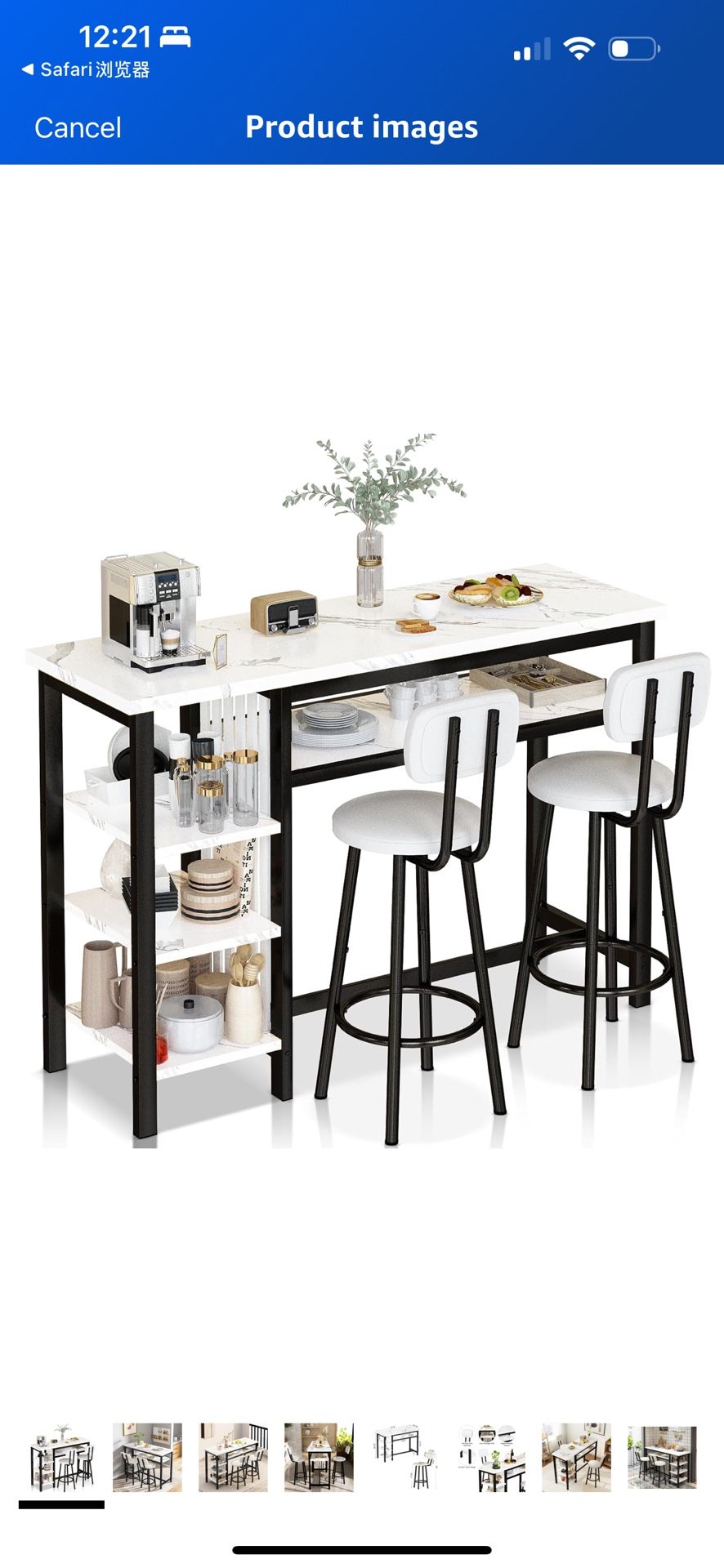 Lamerge Furniture Kitchen Bar Height Table and Chairs for 2, 5-Tier Compact Dining Room Table, White Faux Marble Top and 2 PU Leather Upholstered Seat