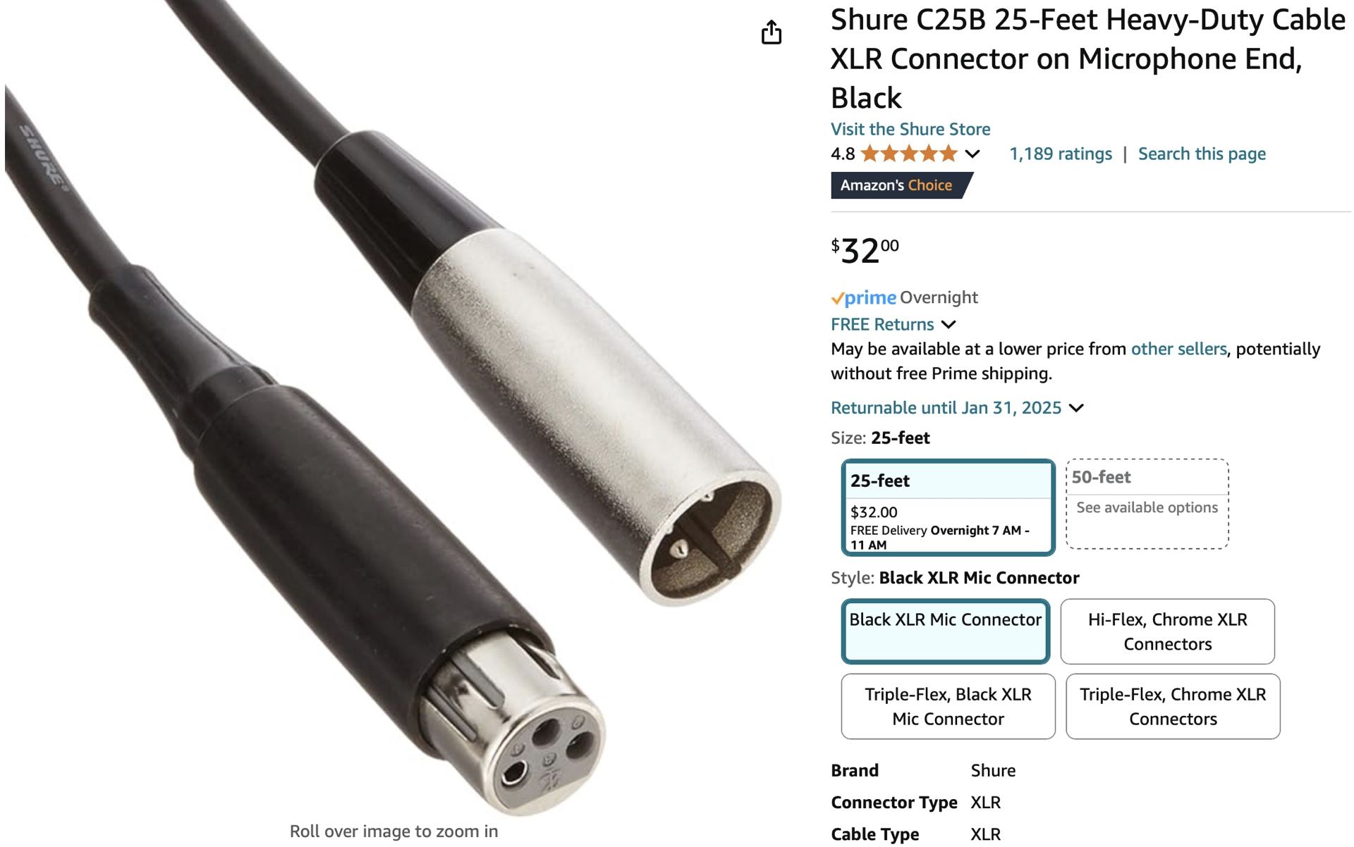 Shure XLR Connector 25ft Heavy Duty