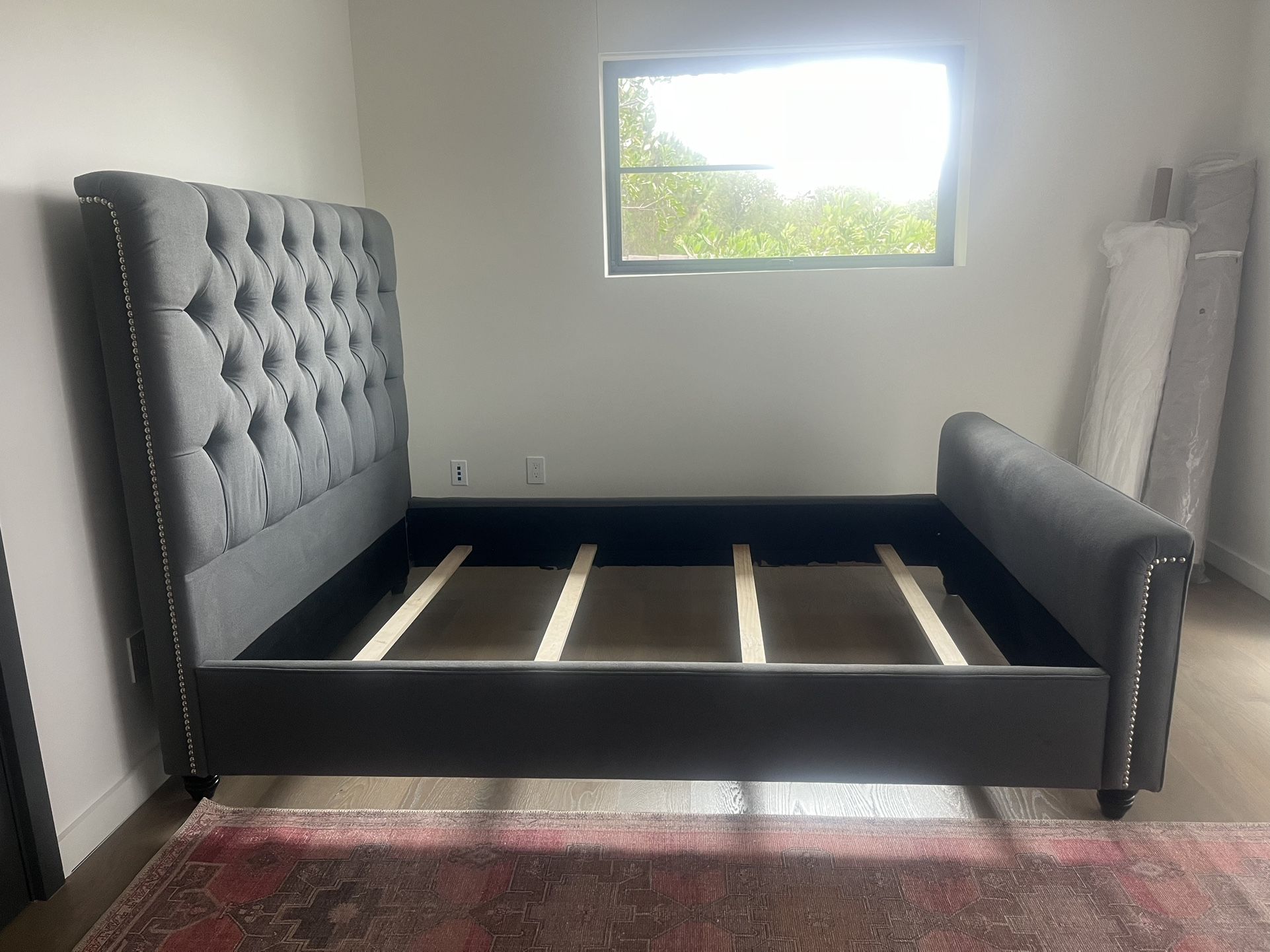 Like New Queen Gray Linen Upholstered Bed Frame