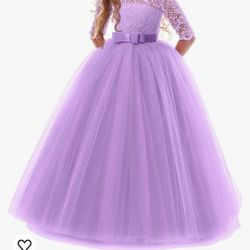 Purple Lavender Girls Flower Vintage Floral Lace 3/4 Sleeves Floor Length Dress Wedding Party Evening Formal Pegeant Dance Gown
