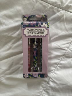 Set Of 3 - Black Ink Ballpoint Fashionable Writing Pens With Floral Designs, Etc! New! 