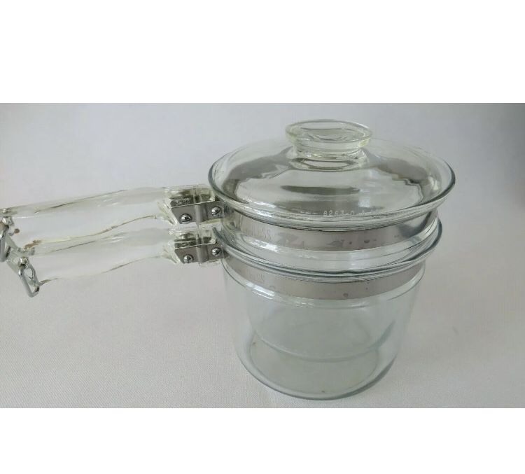 Pyrex Flameware Double Boiler Complete with Lid 6283 3pc Vintage Clear Glass USA