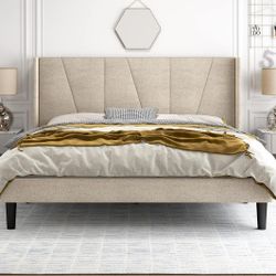 HOOMIC Full Size Upholstered Platform Bed Frame with Modern Geometric Wingback Headboard, Wooden Slats, No Box Spring Needed, Mattress Foundation