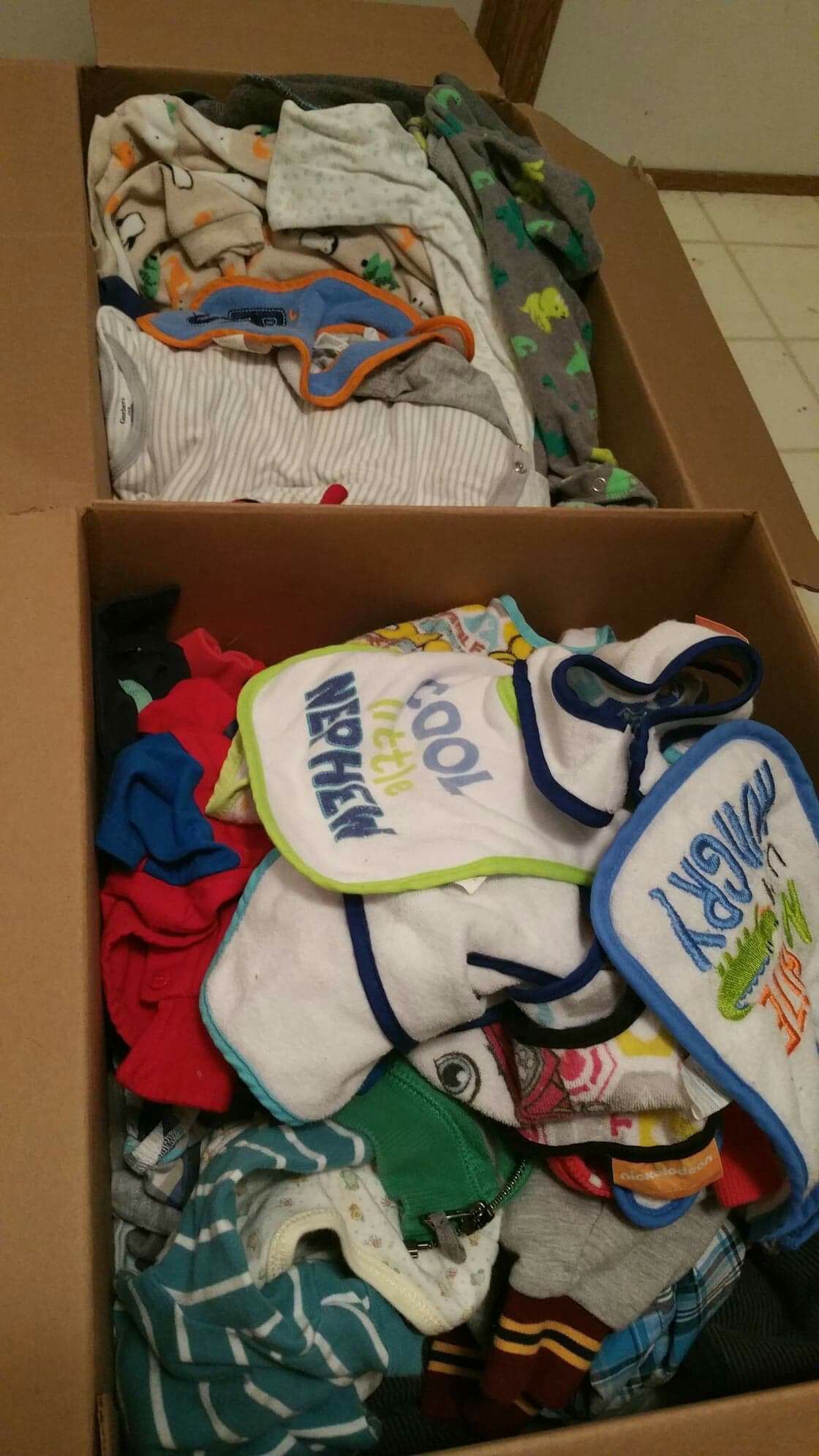 3 boxes used 0-9 month boy clothes, bibs & socks