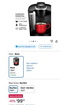 Keurig K-Classic Single Serve K-Cup Pod Coffee Maker, with 3 Brew Sizes, 48oz Removable Reservoir, Black