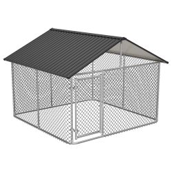 7.5'x7.5' Outdoor Heavy Duty Dog Kennel for Large Dogs, Rust-Proof Coated Wire Mesh Dog Cage with Sturdy Metal Roof, Secure Lock & All Weather Metal E