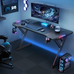 Gaming Desk with LED Lights,Carbon Fiber Surface RGB Gaming Computer Table, ColorCup Holder and Headphone Hook 