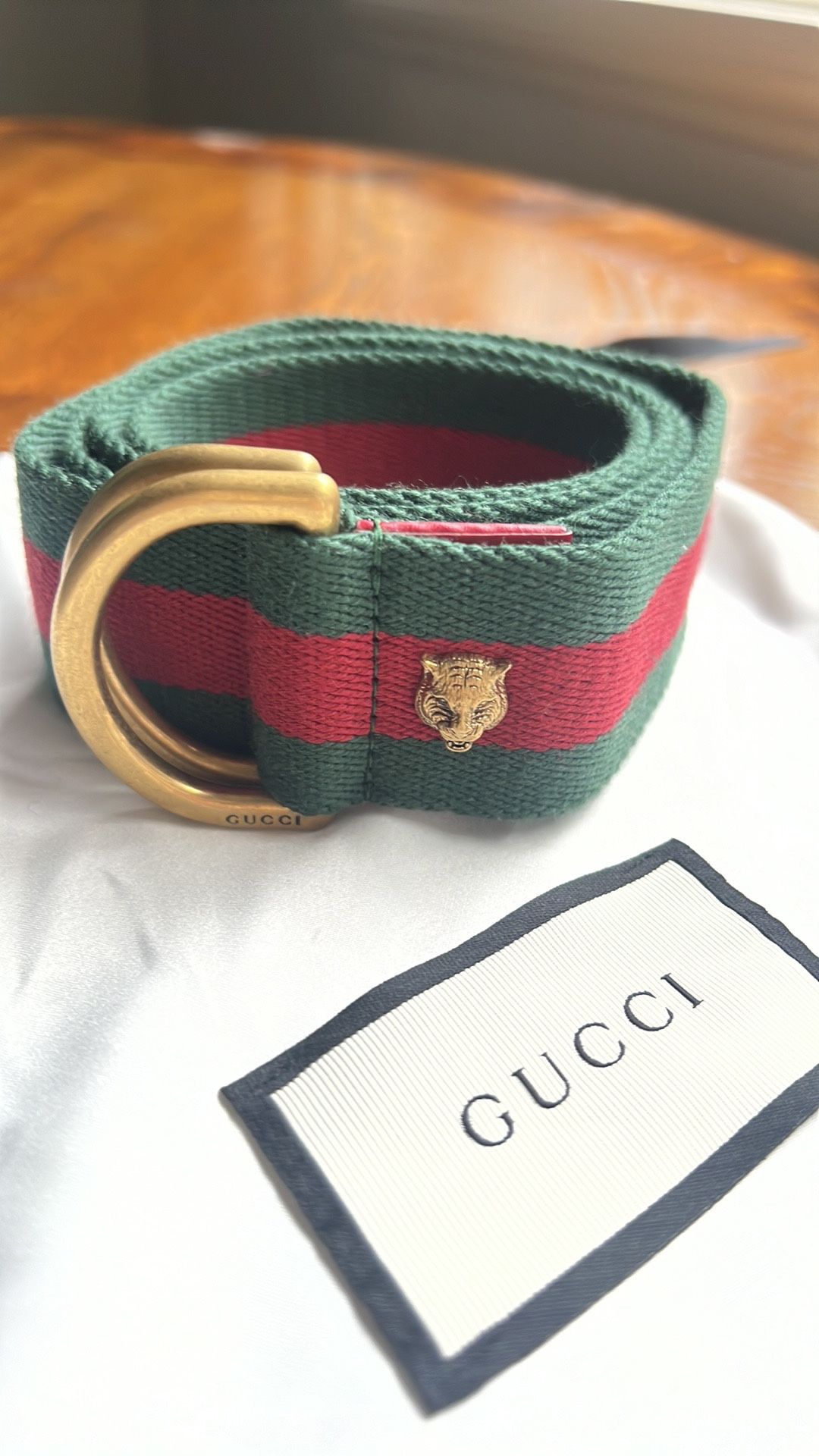 Gucci Green And Red Striped Belt with Gold Tiger Accent