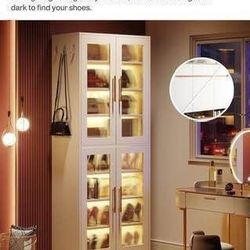 New White Bookcase with Doors LED Light, 67” Tall Bookshelf 8-Tier Adjustable Shelves Hanging Hooks