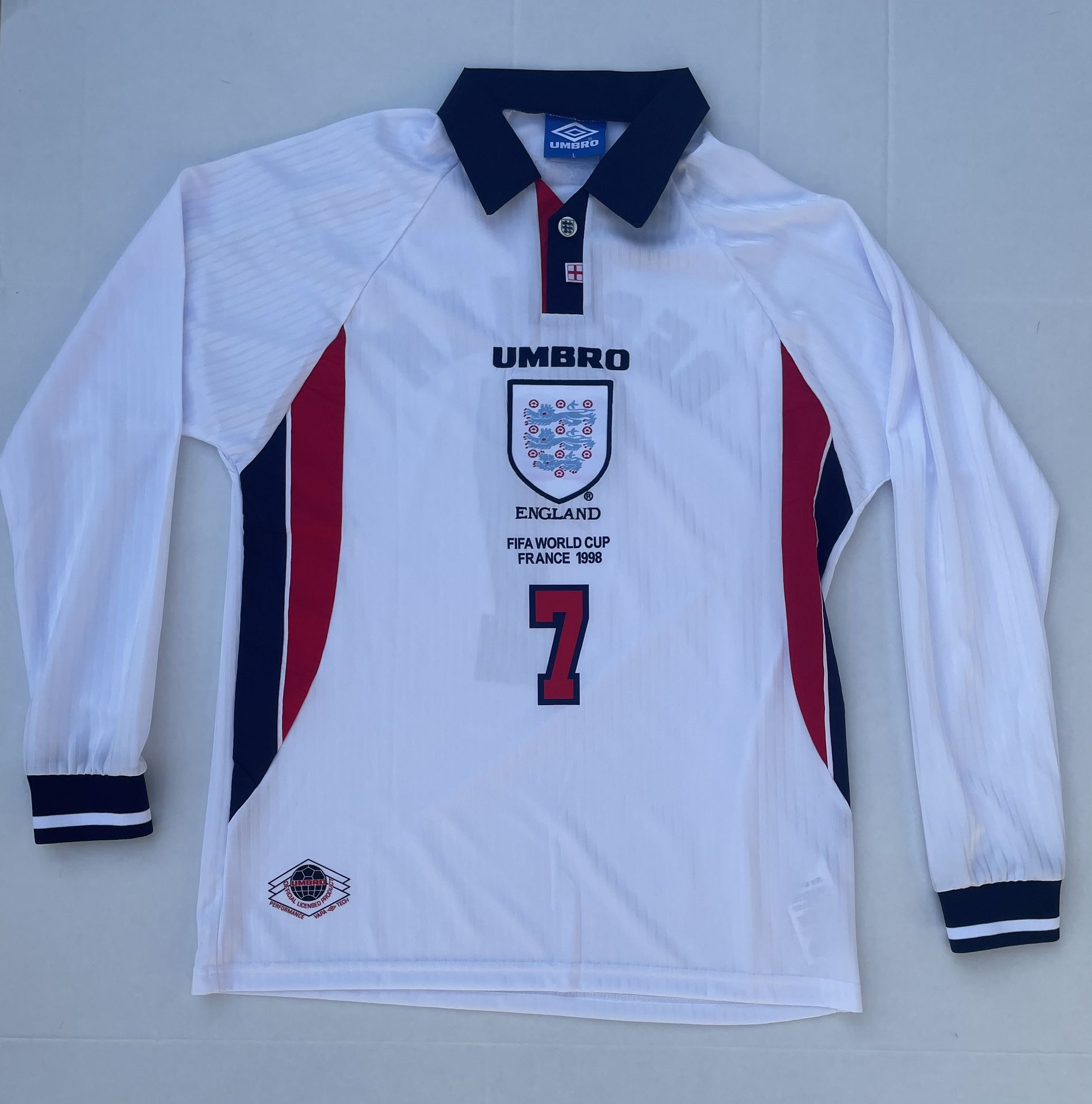 David Beckham England 1998 World Cup White Long Sleeve Jersey