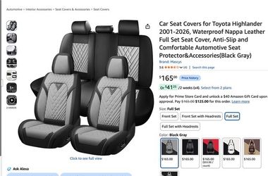 Toyota Highlander 2001-2026. Waterproof, Nappa Leather, Full Set Seat Cover