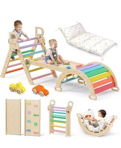 Pikler Triangle Set with Cushion, Wooden Climbing Toys for Toddler Foldable 9-in-1 Montessori Philosophy Toddler Climbing Toys Indoor with Reversible 