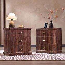 LE12 $105 23.6" Tall Modern Nightstand Set of 2, Wood Bedside Table, Brown Large Mid Century Night Stand with Charging Station, Open Shelf, 3 Drawers
