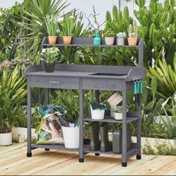 Solid Outdoor Wood Potting Bench Garden Work Bench Station w/Sink Drawer Rack Shelves