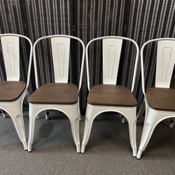 Metal Dining Chairs with Wooden Seat, Set Of 4 White Dining Chiars