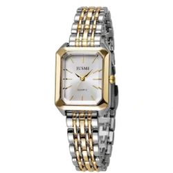 Two-Tone Rectangular Watch with White Dial & Metal Link Bracelet