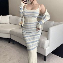 DAZY Elegant Color Block Striped Knit Cardigan And Bodycon Dress 2 Pieces Set, Casual Style, Autumn/Winter
