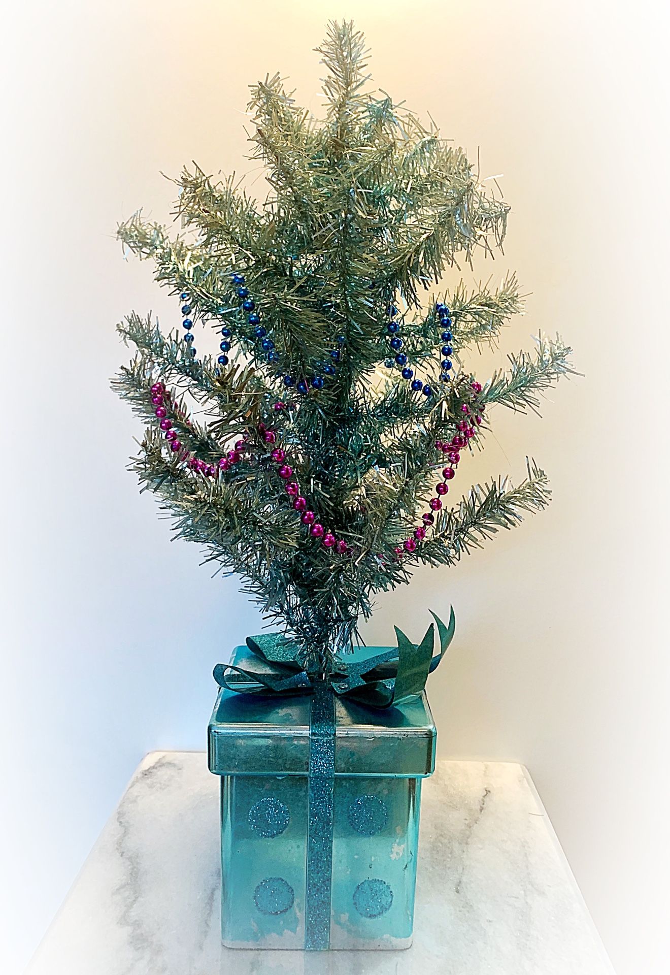 Tinsel Christmas Tree Turquoise Aqua Silver Blue. Holiday Table Top Topiary Tree in Box Present Faded Metallic Stand.