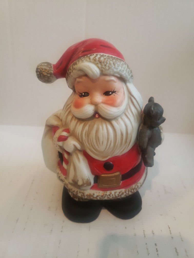 Vintage Homco Ceramic Christmas Santa With Teddy Bear Coin Bank 6" Xmas M