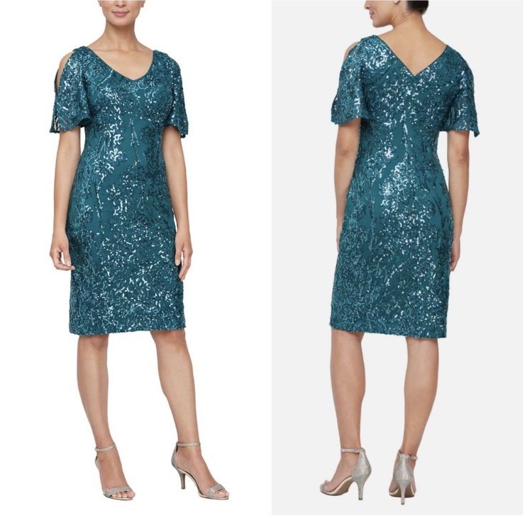 Alex Evenings Short V Neckline Sheath Dress with Cold-Shoulder Flutter Sleeves Size 18