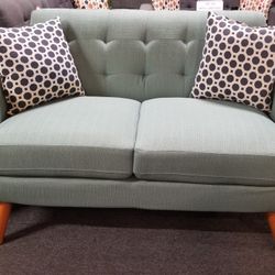 Brand New 60" Teal/Tan/Ash Black Linen Midcentury Loveseat