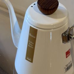 Hario Gooseneck Kettle for Pour Over Coffee Brewing. White Enamel, Natural Wood, And Stainless Steel Gooseneck Kettle