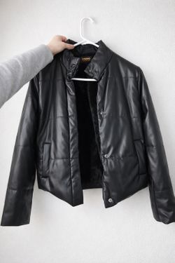 Black Faux Leather Puffer Jacket – Size M, Worn Once, Like New