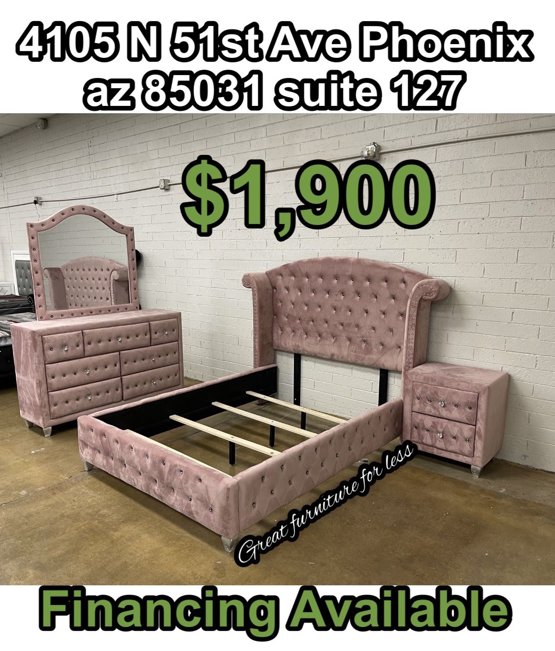 Queen Size Bedroom Set Pink Velvet Include Bed Frame Dresser Mirror And Nigstand Brand New