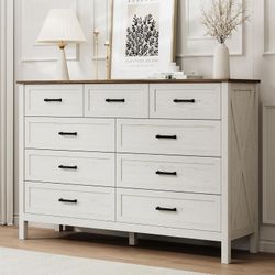 Farmhouse 9 Drawer Dresser for Bedroom, 55 Inch Wide Wood Rustic Chest of Drawers with X-Marking & Bar Handle, Large Storage Dressers Organizer for Be