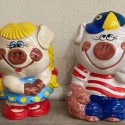 Vintage Set of Two Piggy Banks w Stoppers Enesco $25 for Both 