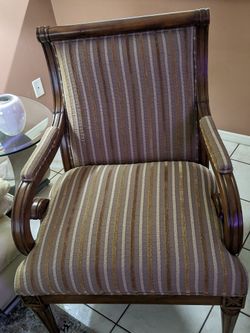Pair of Antique Style Armchairs - Earth Tone Striped Upholstery - Excellent Condition