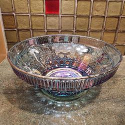 Vintage Carnival Glass Bowl And Hand Painted Hurricane Vase 