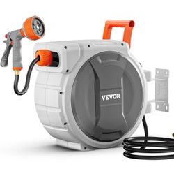 New**VEVOR Retractable Garden Hose Reel, 5/8 Inch x 100 ft Wall Mounted Hose Reel, Heavy Duty Garden Hose Reel with 9 Patterns Nozzle, Any Length Lock