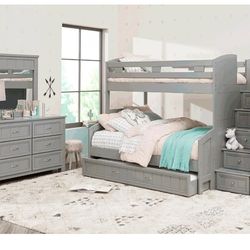 Rooms To Go Gray Triple Bunk Bed – Twin Over Full + Twin Trundle with Storage Stairs