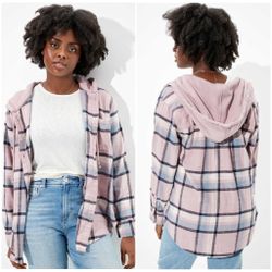 AE Plaid Flannel Hooded Shacket