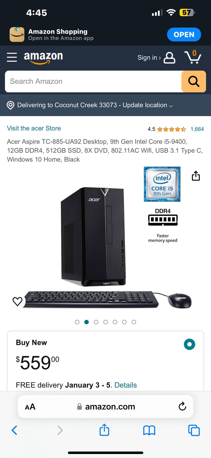 Acer Aspire TC-885-UA92 Desktop, 9th Gen Intel Core i5-9400, 12GB DDR4, 512GB SSD, 8X DVD, 802.11AC Wifi, USB 3.1 Type C, Windows 10 Home, Black