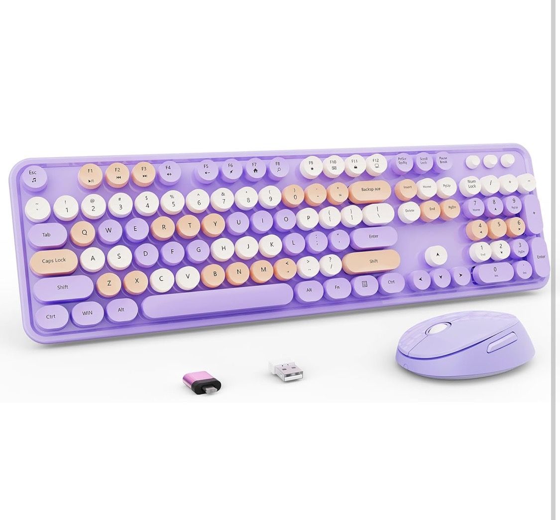 Wireless Keyboard and Mouse Combo, Retro Typewriter Keyboard with Round Keycaps, Full-Size Ergonomic