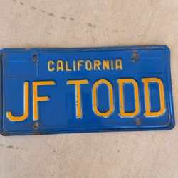 Vintage blue 70's license plate JF TODD
