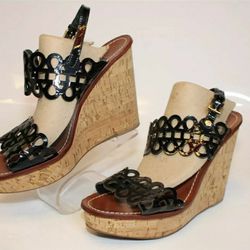 NEW Tory Burch Designer Lasercut Patent Leather High Wedge Sandal Shoe size 10.5