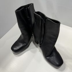 Black Leather Ankle Boots W/3.5" Inch Heel